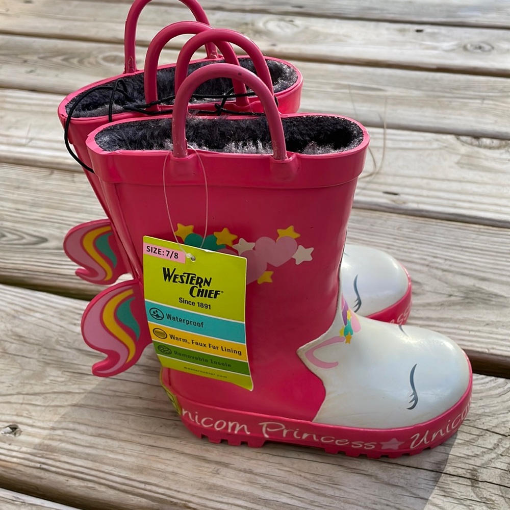 🦄 NWT- Western Chief Unicorn Princess  Faux Fur Lined Rain BOOTS Size 7/8